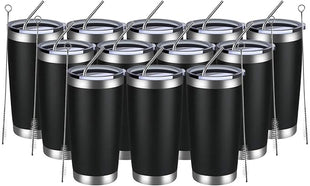 MEWAY 20oz Tumbler 12 Pack Double Wall Vacuum Insulated Travel Mug Bulk, Stainless Steel Tumblers with Lid and Straw, Durable Powder Coated Coffee Cups for Cold & Hot Drinks (Black, 12)