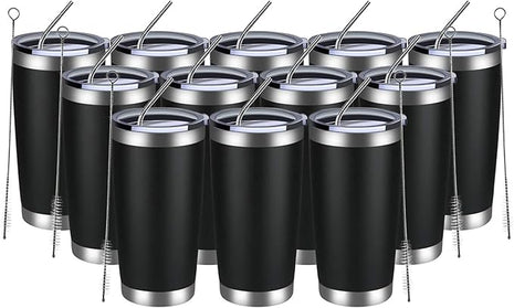 MEWAY 20oz Tumbler 12 Pack Double Wall Vacuum Insulated Travel Mug Bulk, Stainless Steel Tumblers with Lid and Straw, Durable Powder Coated Coffee Cups for Cold & Hot Drinks (Black, 12)