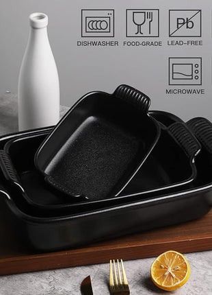 Sweejar Baking Pans Set, Ceramic 9x13 Baking Dish with Handle, Rectangular Casserole Dishes for Oven, Bakeware Sets of 3, Durable Lasagna Pan Deep for Kitchen, Banquet, Wedding Gift(Black)