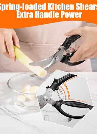 Brigii Kitchen Shears, Stainless Steel Heavy Duty Poultry Shears, Multi-Purpose Kitchen Scissors for Cutting Chicken, Fish, Seafood, and Vegetables, Spring Loaded-KS05Black