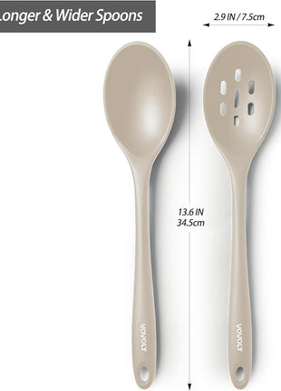 Silicone Slotted Spoons for Cooking - Extra Large Kitchen Spoons for Mixing, Serving, & Stirring - 600°F Heat-Resistant Non Stick Utensils Skimmer- Dishwasher Safe, Khaki