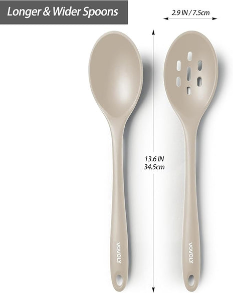 Silicone Slotted Spoons for Cooking - Extra Large Kitchen Spoons for Mixing, Serving, & Stirring - 600°F Heat-Resistant Non Stick Utensils Skimmer- Dishwasher Safe, Khaki