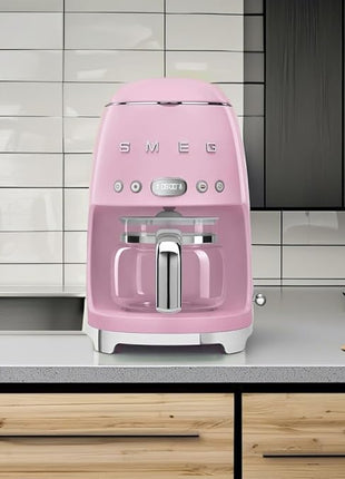 Smeg 50's Retro Style Aesthetic Drip Coffee Machine with 10 Cup Glass Carafe, Auto Start Feature, Keep Warm Plate, and Two Coffee Strength Settings (Pink)