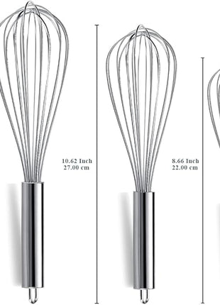Berglander Whisk Set Pack of 3, Stainless Steel Whisks for Cooking 8",10",12", Wire Ballon Wisk (Silver)