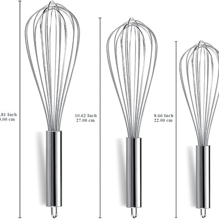 Berglander Whisk Set Pack of 3, Stainless Steel Whisks for Cooking 8",10",12", Wire Ballon Wisk (Silver)