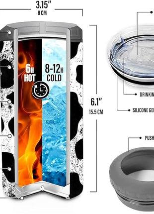 SANDJEST Cow Tumbler Cowhide Doodle 4 in 1 12oz Tumbler Can Cooler Coozie Skinny Stainless Steel Tumbler Gift for Women Girl Daughter Sister Animal Lovers Farm Girl Christmas Birthday