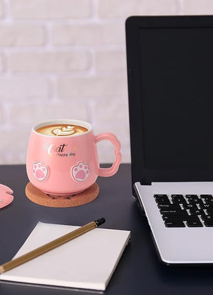 Bgbg Cute Cat Mug, Novelty Ceramic Coffee Tea Milk Cup with Lovely Kitty Lid, Kawaii Claw Spoon, Anime Coaster, Novelty Things Birthday Christmas Gift for Cat Lovers Women Her, 14 oz, Pink
