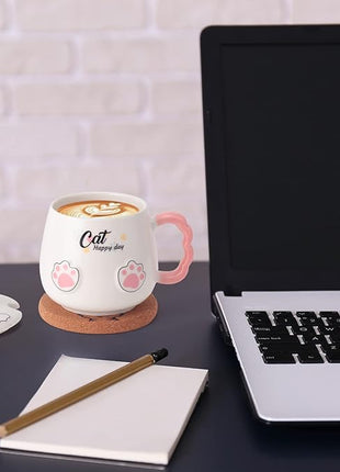 Bgbg Cute Cat Mug, Novelty Ceramic Coffee Tea Milk Cup with Lovely Kitty Lid, Kawaii Claw Spoon, Anime Coaster, Novelty Things Birthday Christmas Gift for Cat Lovers Women Her, 14 oz, White