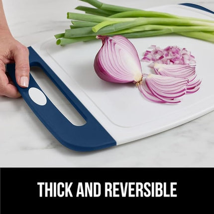 GORILLA GRIP BPA-Free Reversible Kitchen Cutting Board Set of 3, US Designed, Nonporous, Juice Grooves Catch Liquid, Slip Resistant Border, Dishwasher Safe Large Food Chopping Boards, Red Blue Green