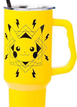 Silver Buffalo Pokémon Lightning Stainless Steel Tumbler with Handle Featuring Pikachu, Fits in Standard Cup Holder, 40 Ounces
