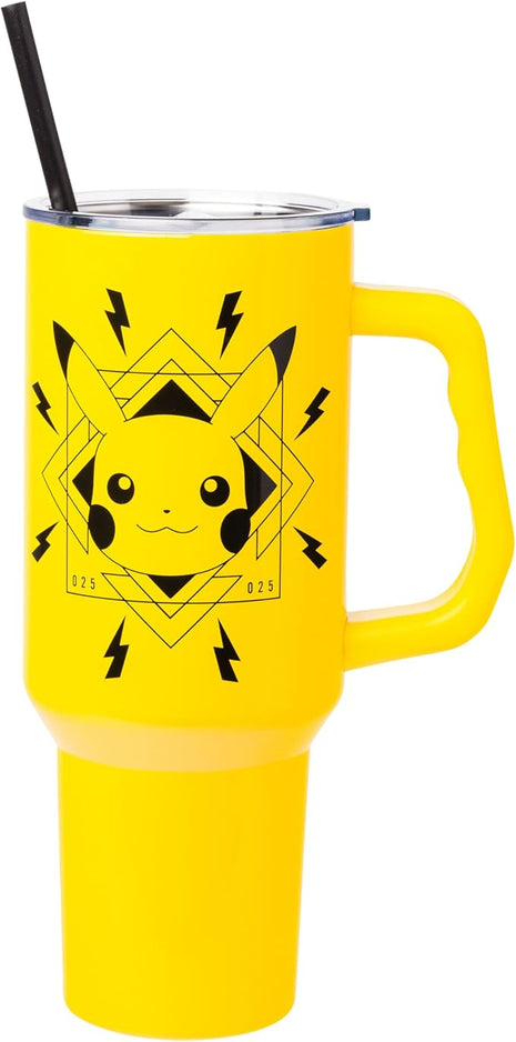 Silver Buffalo Pokémon Lightning Stainless Steel Tumbler with Handle Featuring Pikachu, Fits in Standard Cup Holder, 40 Ounces