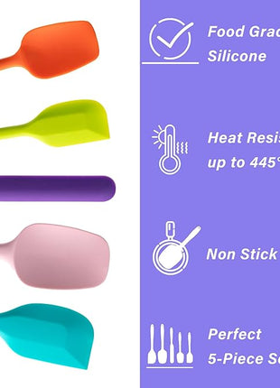 Silicone Spatula Set, 5 Piece Food Grade Rubber Spatulas for Baking, Cooking, and Mixing High Heat Resistant Non Stick Dishwasher Safe BPA-Free (Multicolor)