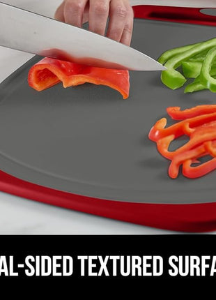 GORILLA GRIP BPA-Free Reversible Kitchen Cutting Board Set of 3, US Designed, Nonporous, Juice Grooves Catch Liquid, Slip Resistant Border, Dishwasher Safe, Durable Large Food Chopping Boards Red Gray