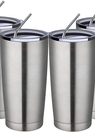 MEWAY 20oz Tumbler 4 Pack Double Wall Vacuum Insulated Travel Mug Bulk, Stainless Steel Tumblers with Lid and Straw, Durable Powder Coated Coffee Cups for Cold & Hot Drinks (Silver, 4)