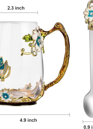 OEAGO Birthday Gifts for Women Mom Glass Coffee Enamels Mug Best Mothers Day Butterfly Gifts for Her from Daughter Son Lead-Free Christmas Tea Cup with Spoon Sets