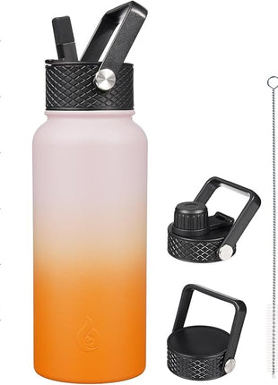 BJPKPK Insulated Water Bottles with Straw Lid, 32oz Metal Large Water Bottle with 3 Lids, Reusable Leak Proof BPA Free Thermo, Stainless Steel Tumblers for Sports, Gym, Travel-Coral