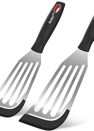 Beijiyi 2-Piece Fish Spatulas Silicone Heat Resistant, Kitchen Spatula Set for Non Stick Frying Pan, Slotted Flexible Fish Turner Cooking Utensils, Large 12.3 In, Small 10.6 In, Black Silicone Edge