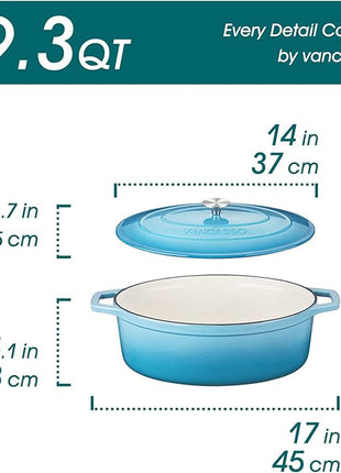 vancasso Enameled Cast Iron Dutch Oven, 9.3 Quart Dutch Oven Pot with Lid, Oval Dutch Oven Cast Iron Pot with Non Stick Coating for Bread Baking, Light Blue