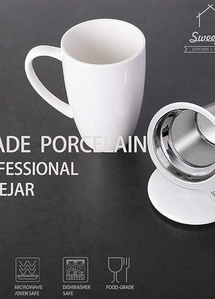 Sweejar Porcelain Tea Infuser Cup with Lid, 16 oz Teacup with Strainers for Loose Leaf, Microwave and Dishwasher Safe Coffee Mug, Steeping Mug for Tea Drinkers,Christmas Gift (White)