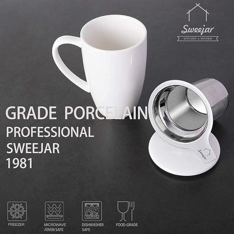 Sweejar Porcelain Tea Infuser Cup with Lid, 16 oz Teacup with Strainers for Loose Leaf, Microwave and Dishwasher Safe Coffee Mug, Steeping Mug for Tea Drinkers,Christmas Gift (White)