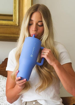 HydroJug Traveler - 32 oz Water Bottle with Handle & Flip Straw - Fits in Cup Holder, Leak Resistant Tumbler-Reusable Insulated Stainless Steel & Rubber Base - Gifts for Women & Men, Light Blue