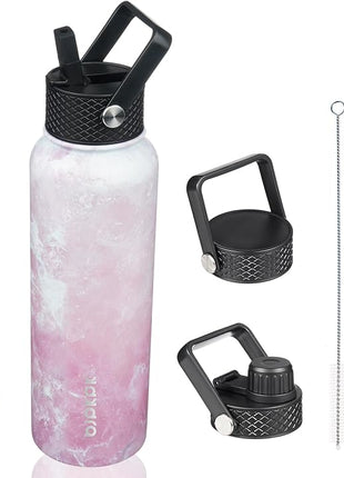 BJPKPK Insulated Water Bottles with Straw Lid, 40oz Stainless Steel Water Bottles with 3 Lids, BPA Free Leakproof Thermo, Tumblers, Cups for Sports, Gym- Blossom