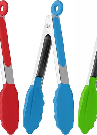 7-Inch Silicone Tongs Pack of 3, Small Tongs with Silicone Tips for Cooking, Barbecue, Buffet Serving (7", RGB)