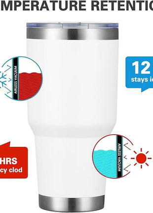 MEWAY 30oz Insulated Tumbler With Lids and Straws,Stainless Steel Double Vacuum Coffee Tumbler Cup, Brush, Durable Powder Coated Coffee Cup for Cold & Hot Drinks, Office, Travel(White,12 PACK)