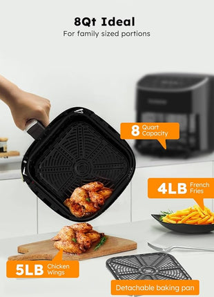 Nuwave Brio Plus 8 Qt Air Fryer, PFAS Free, New & Improved, Digital Touch Screen, Cool White Display, 50°F~400°F in Precise 5°, 5 Cook Functions, 100 Presets & 50 Memory, 3 Wattages 700, 1500, 1800