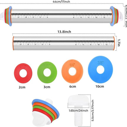 Rolling Pin nonstick and Silicone Baking Pastry Mat combo kit, Adjustable Rolling Pin With Thickness Ringsfor Baking Fondant, Pizza, Pie, Pastry, Pasta, Dough, Cookies (black)