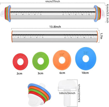 Rolling Pin nonstick and Silicone Baking Pastry Mat combo kit, Adjustable Rolling Pin With Thickness Rings for Baking Fondant, Pizza, Pie, Pastry, Pasta, Dough, Cookies (red)