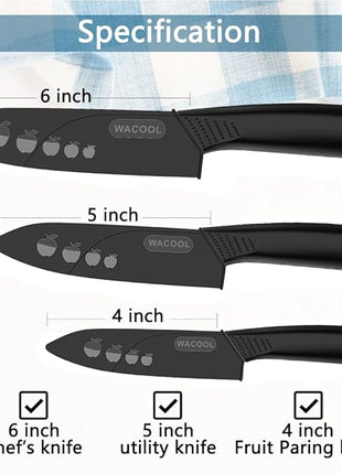 WACOOL Ceramic Knife Set 3-Piece (Includes 6-inch Chef's Knife, 5-inch Utility Knife and 4-inch Fruit Paring Knife), with 3 Knife Sheaths for Each Blade (Black Blade)