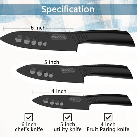 WACOOL Ceramic Knife Set 3-Piece (Includes 6-inch Chef's Knife, 5-inch Utility Knife and 4-inch Fruit Paring Knife), with 3 Knife Sheaths for Each Blade (Black Blade)