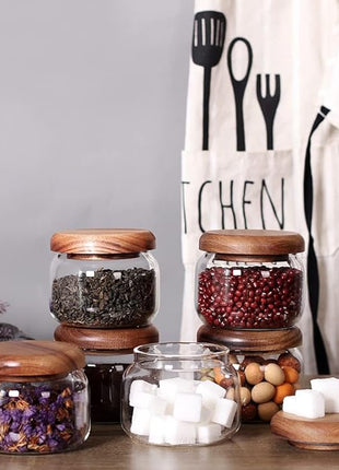 SAIOOL Kitchen Canisters Set of 6-8.5oz Glass Spice Jars With Acacia Airtight Lid and Labels Round Spice Bottles for kitchen Seasoning Baby Food Kids Snacks Meal Prep Containers Candle