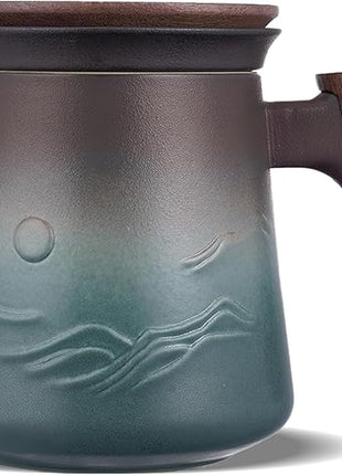 ZENS Embossed Ceramic Tea Mug with Infuser and Lid, 14.5 oz Wooden Handle, Loose Leaf Tea Steeper Cup & Strainer for Tea Lovers Gifts