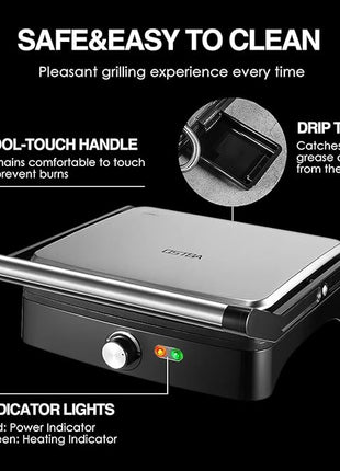 OSTBA Panini Press Grill Indoor Sandwich Maker with Temperature Setting, 4 Slice Large Non-stick Versatile Grill, Opens 180 Degrees to Fit Any Type or Size of Food, Removable Drip Tray, 1200 W