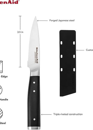 KitchenAid Gourmet Forged Triple Rivet Serrated Paring Knife with Custom-Fit Blade Cover, 3.5-inch, Sharp Kitchen Knife, High-Carbon Japanese Stainless Steel Blade, Black