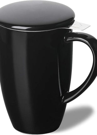 Sweejar Porcelain Tea Infuser Mug with Lid, 16 oz Teacup with Strainers for Loose Leaf Tea, Microwave and Dishwasher Safe Coffee Mug(Black)