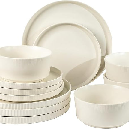Gibson Home Dempsey Road 12-Piece Stoneware Dinnerware Set – Service for 4, Round White Plates and Bowls, Durable Solid Color Modern Embossed Dish Set, Microwave & Dishwasher Safe