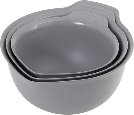 KitchenAid Universal Nesting Plastic Mixing Bowls, Set Of 3, 2.5 quart, 3.5 quart, 4.5 quart, Non Slip Base with Easy Pour Spout to Reduce Mess, Dishwasher Safe, Gray