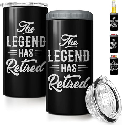 SANDJEST The Legend Has Retired 4-in-1 Design Tumbler Cup Can Cooler - 12oz Stainless Steel Insulated Cans Coozie Travel Mug Christmas, Birthday, Happy Retirement Gifts for Coworkers, Colleagues, Men