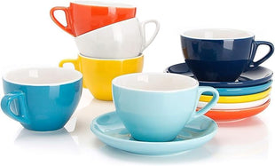 Sweese 6 Ounce Cappuccino Cups with Saucers, Porcelain Double Espresso Cups Set of 6 - Hot Assorted Colors
