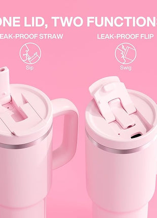 32 oz Tumbler with Handle and Straw: Stainless Steel Insulated Tumbler Keeps Cold for 24 Hours, Leakproof Travel Cup Fits in Cup Holder and BPA-Free, Cotton Candy