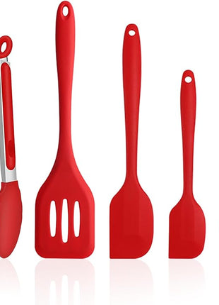 NileHome 4 Pack Silicone Spatula and Grilling Tongs Kitchen Utensils with Silicone Brush Heat Resistant BPA-free Rubber Spatula for Scraping, Baking, Cooking, Mixing-Red