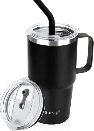 Sursip 24 oz Insulated Cup with Handle, Double Wall Vacuum Stainless Steel Tumbler with Straw and 2 Lids, For Cold/Hot Drinks, Coffee Travel Mug for Car/Home/Office/Party/Camping (Black-1 Pack)