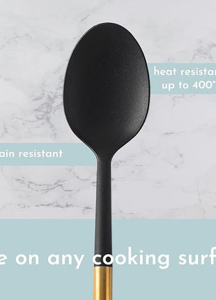 Black and Gold Kitchen Utensils Set with Stainless Steel Holder – 18-Piece Nylon Cooking Utensils with Measuring Cups and Spoons – Stylish Gold Kitchen Accessories for Baking and Cooking