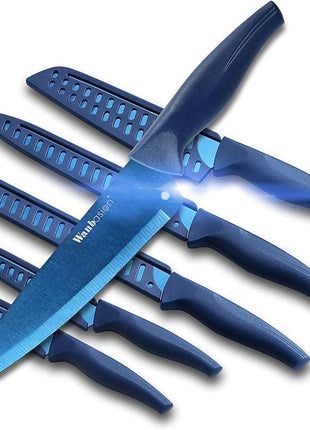 Wanbasion Blue Stainless Steel Knife Set, Sharp Kitchen Knife Set Professional, Kitchen Knife Set Dishwasher Safe with Covers for Cooking