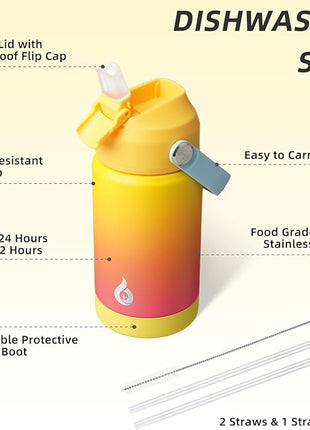 BJPKPK Insulated Water Bottle with Straw Lid, 12oz Thermo Water Bottles with Soft Nozzle, Flex Handle & Non-slip Boot, BPA Free Leak Proof Stainless Steel Metal Thermo, Tumblers, Cups,Rainbow