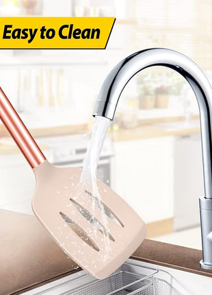 Pack of 4 Silicone Cooking Utensils Set, Non Stick Large Solid Spatulas, Heat Resistant Rose Gold Khaki Slotted Spoons, Ideal BPA Free Kitchen Turners for Frying, Mixing,Serving,Draining,Turning