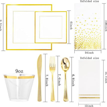 Festiva 176Pcs Gold Plates Disposable - Square Party Plates Dinnerware Sets - include Cups,Plastic Cutlery,Hand Napkins，Tablecloth for 25 Guests Party&Wedding&Christmas&Thanksgiving